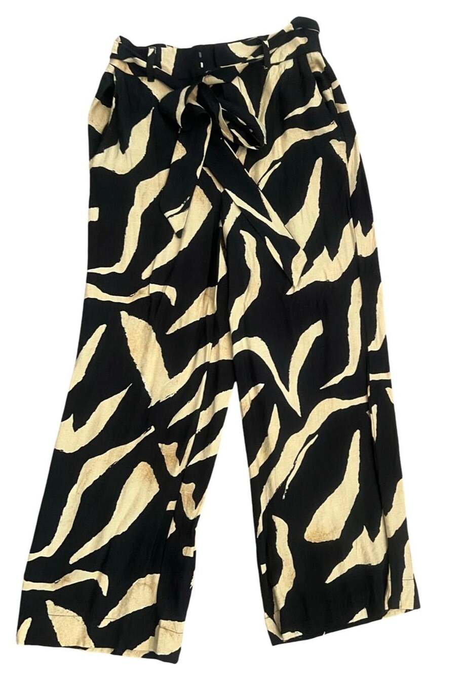 Mango Printed Trousers Size S Black Beige Zebra Belt